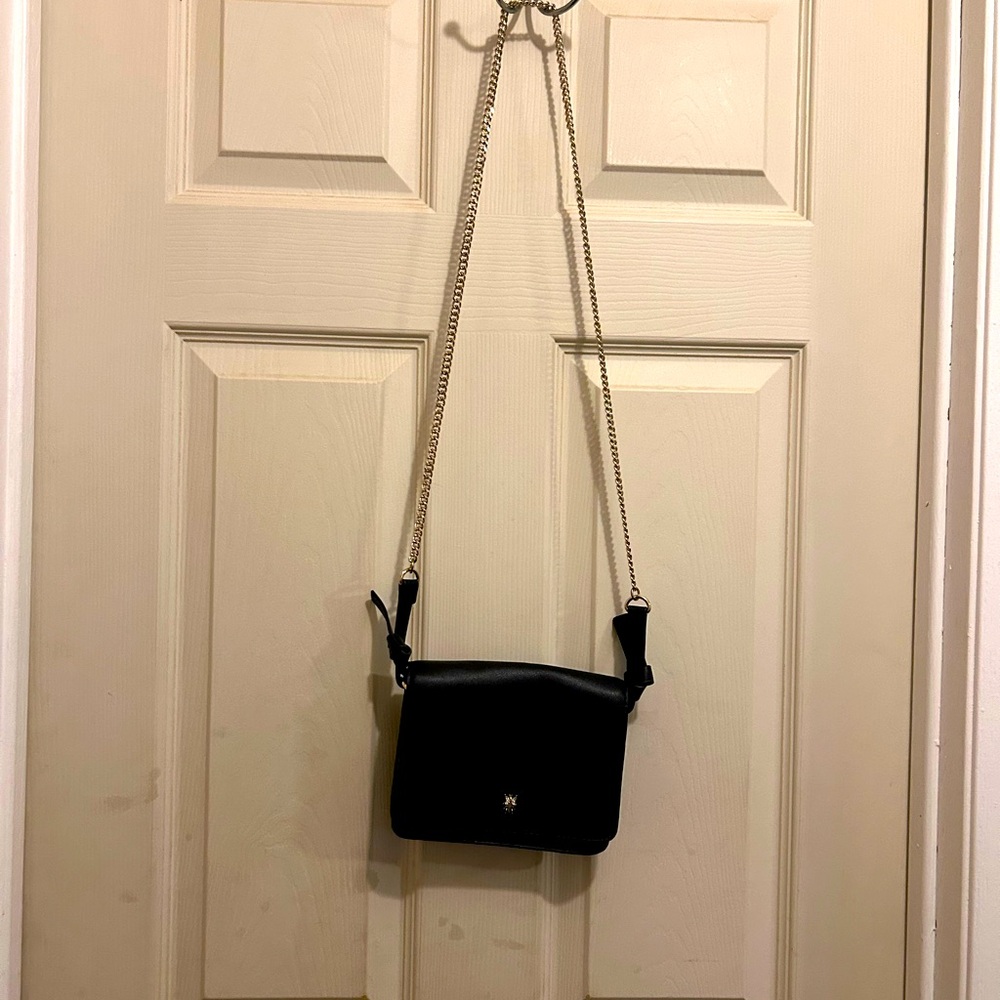 Zara TRF Black Faux Leather Crossbody Bag with Gold Chain & Bee Charm